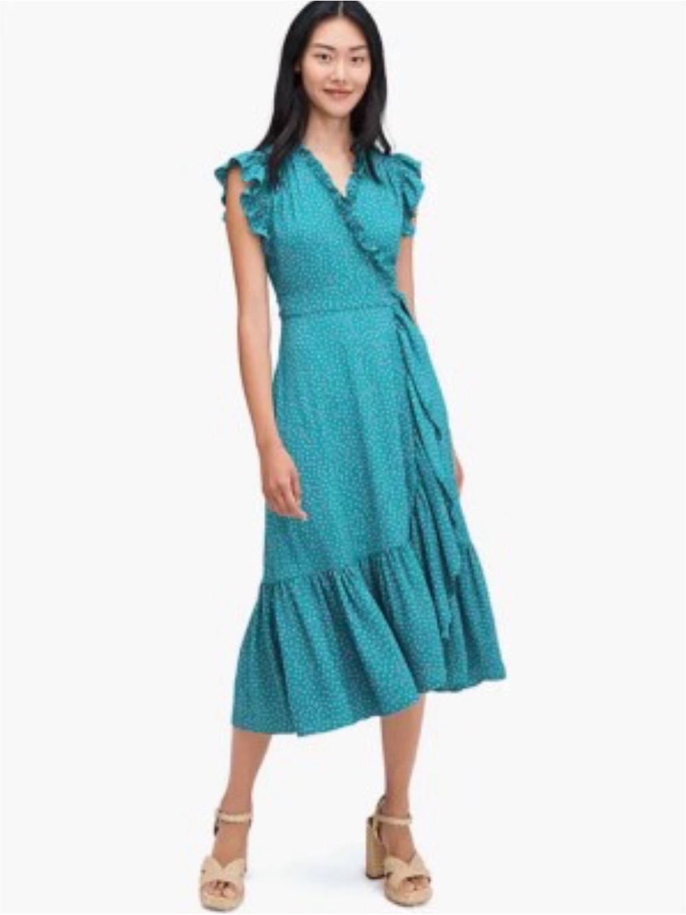 Kate Spade Teal Polka Dot Wrap Midi Dress